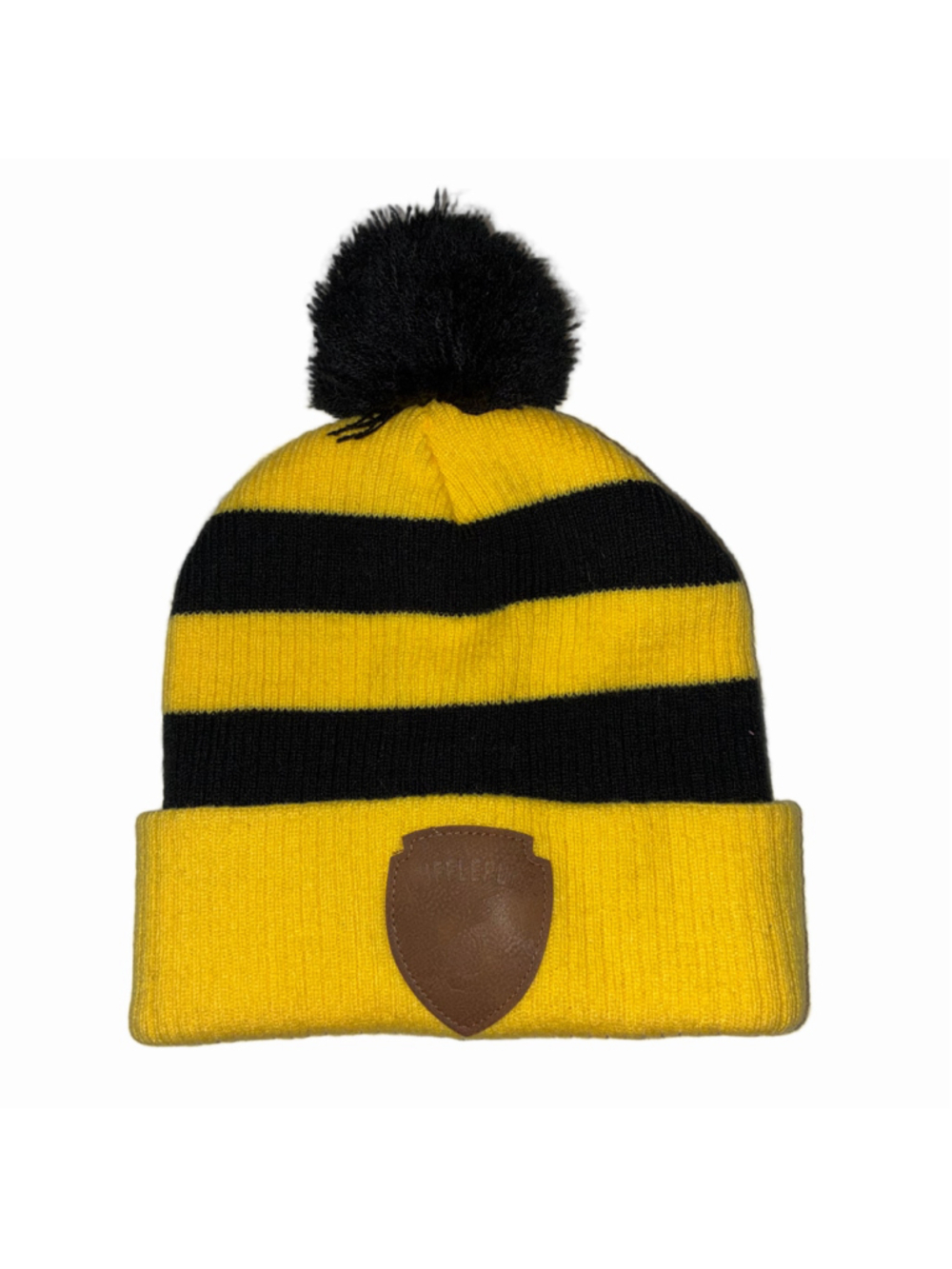 Women's Harry Potter Hufflepuff Beanie Hat One Size Yellow Black Striped Pom Pom
